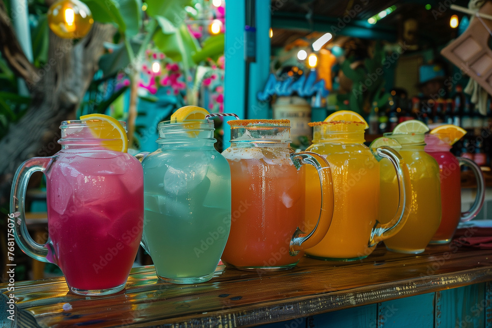 Poster a row of colorful drinks with a lime garnish. the drinks are in different colors and are served in d