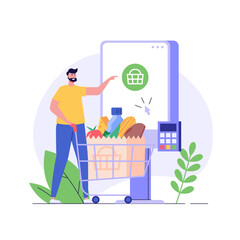 Customer use self-service checkout. Man with shopping cart buying with automated self-checkout terminal. Concept of contactless payment, cashless paying, checkout self service. Vector illustration