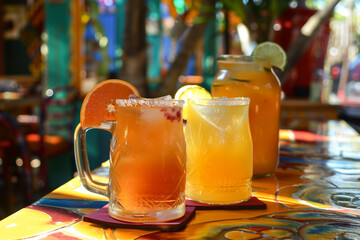 A row of colorful drinks with a lime garnish. The drinks are in different colors and are served in different sized pitchers