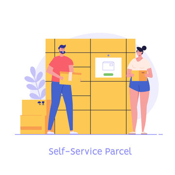 Customer use self-service post terminal. Man with parcel opening locker or storage. Concept of automated service parcel, post delivery service. Self-service for online purchase. Vector illustration