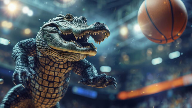 A remarkably rendered crocodile stands upright in an indoor basketball arena, eyes focused intently on a basketball in mid-air.