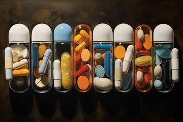 Several medications. Several tablets, pills. AIDS treatment. Treatment for an illness. Psychiatry. Infectious diseases.