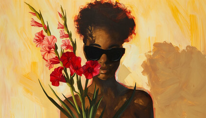 Stylish Woman with Sunglasses and Red Flowers Digital Art