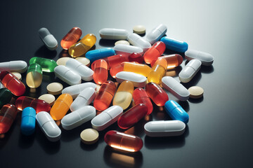Several medications on a grey background. Several tablets, pills, on grey background. AIDS treatment. Treatment for an illness. Psychiatry. Infectious diseases.