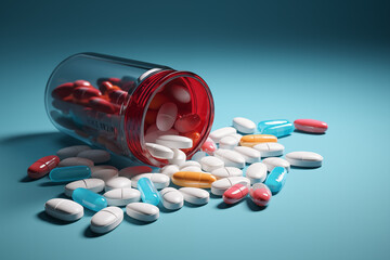 Several medications on a blue background. Several tablets, pills, on blue background. AIDS treatment; Treatment for an illness. Psychiatry. Infectious diseases.