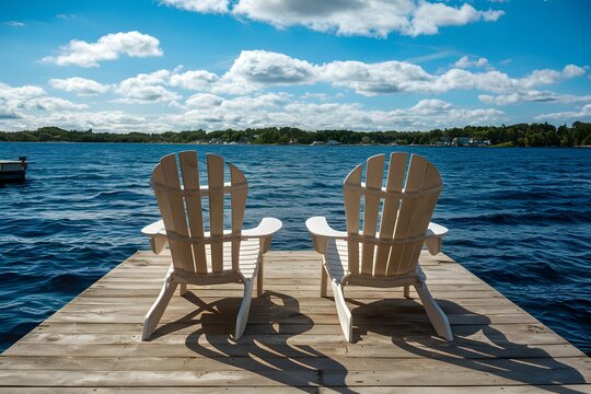 Stock photo Two Adirondack chairs on wooden dock facing blue water