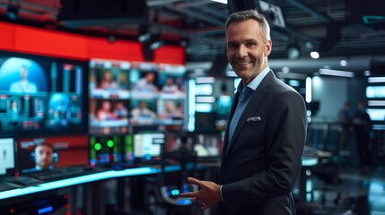 Man in Suit and Tie Standing by Television