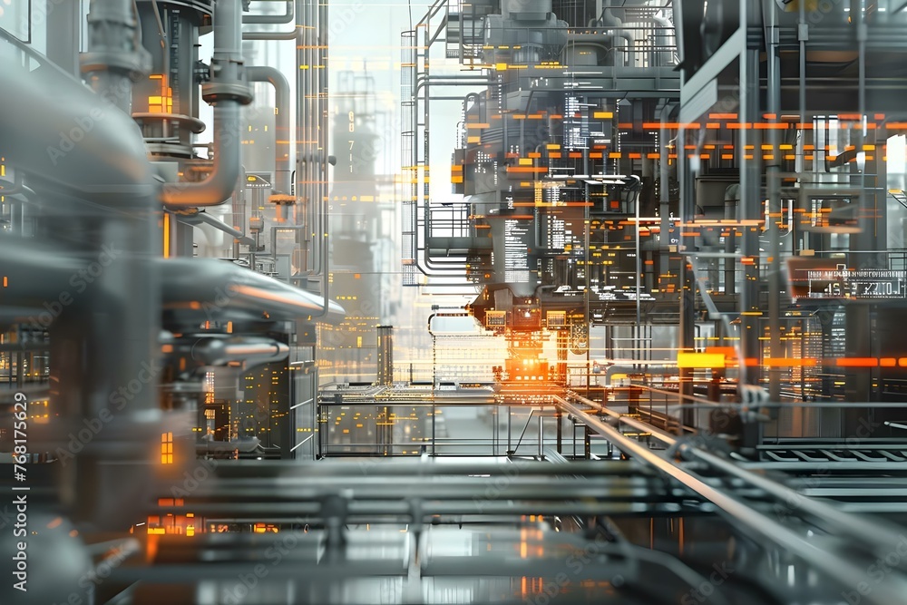 Poster a digital diagram showing a complex industrial process with virtual screens and iot technology. conc