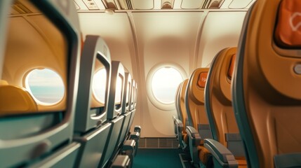 Airplane seats in the cabin economy class and the windows of the airplane. - obrazy, fototapety, plakaty
