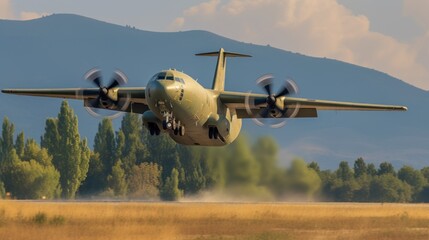 Alenia C-27J Spartan military cargo plane from the Bulgarian Air Force lands on a military airbase during - obrazy, fototapety, plakaty