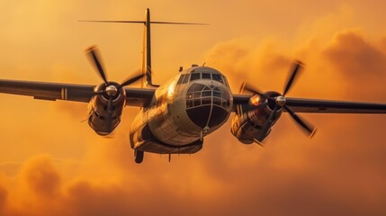 Army plane. The plane has two propeller engines and flies at high altitude. AI generated - obrazy, fototapety, plakaty