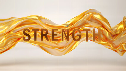 The word "STRENGTH" on a golden flag-like banner as a wave