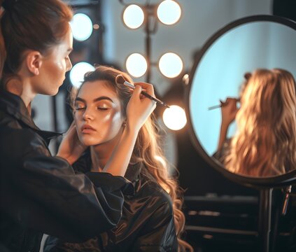 Una maquillista aplicando cosmeticos  en el rostros de una clienta joven, al fondo un espejo redondo y luces.  Belleza y cuidado femenino