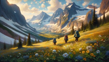 Hikers with large backpacks traverse through a wildflower-filled alpine meadow with majestic snow-capped mountains in the distance under a soft sunset sky.

 - obrazy, fototapety, plakaty
