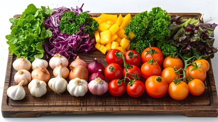 
Collection of various colorful vegetables on a wooden cutting board, isolated on a transparent background