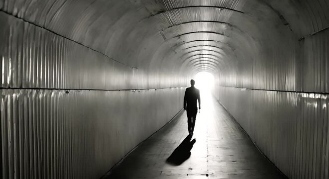 Un uomo  attraversa un tunnel buio verso una luce brillante visto da dietro , uscita dell'anima verso la luce di Dio, vedere la luce in fondo al tunnel