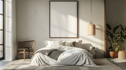 Poster frame mockup in bright bedroom interior background with rattan wooden furniture, 3d render, 3d render of a minimalistic classic style bedroom, decorative wooden wall, parquet,Ai Generated 