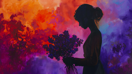 Silhouetted Woman with Flowers in Vibrant Abstract Painting - obrazy, fototapety, plakaty