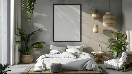 Poster frame mockup in bright bedroom interior background with rattan wooden furniture, 3d render, 3d render of a minimalistic classic style bedroom, decorative wooden wall, parquet