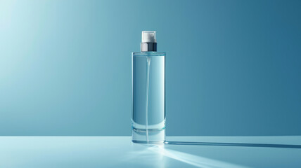 A clear perfume bottle on blue background