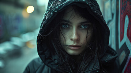 Woman in a hooded jacket on a rainy street