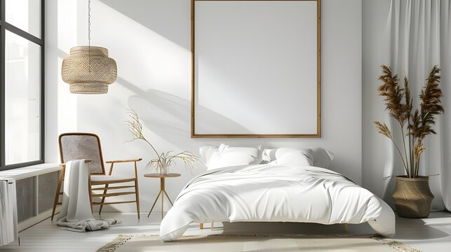 Poster frame mockup in bright bedroom interior background with rattan wooden furniture, 3d render, 3d render of a minimalistic classic style bedroom, decorative wooden wall, parquet,Ai Generated 