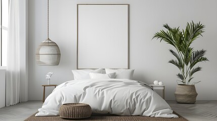 Poster frame mockup in bright bedroom interior background with rattan wooden furniture, 3d render