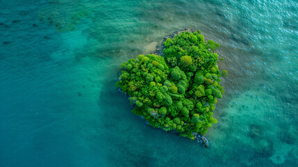 Aerial view of a small heart shape island on tropical sea, shallow blue waters