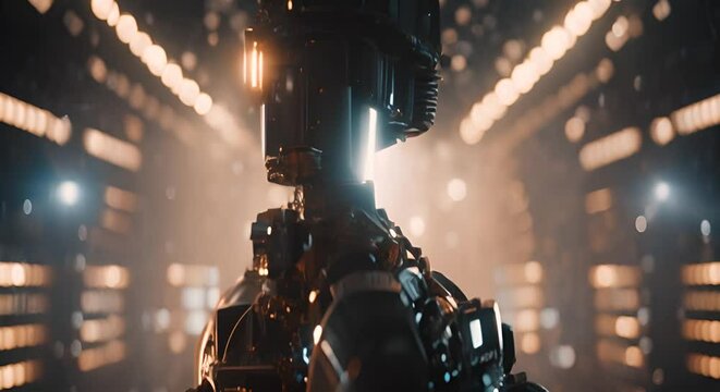 concetto di intelligenza artificiale. cyborg che si trasforma in pezzi di metallo su sfondo di luci, sfondo di tecnologia, scienza,comunicazione o social media.