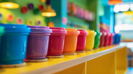 Colored play-dough containers in a row.