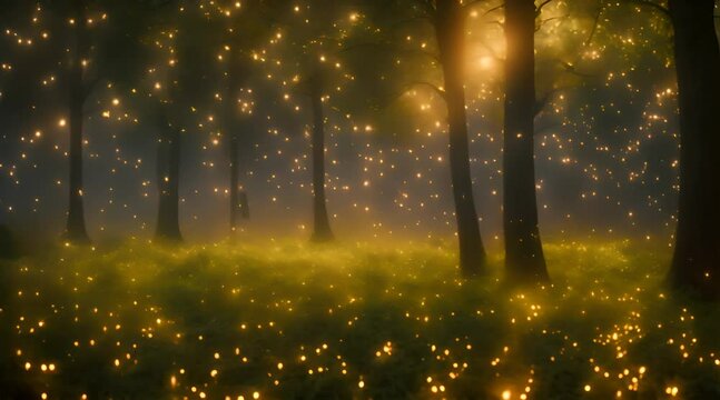 paesaggio incantato di foresta piena di lucciole, magia della natura