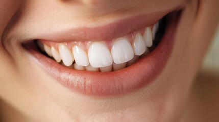 Obraz premium Beautiful Woman Smile With White Teeth. Concept of Teeth Whitening, Dental Health and Lip Care.