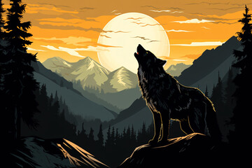 a wolf howling at the moon - obrazy, fototapety, plakaty
