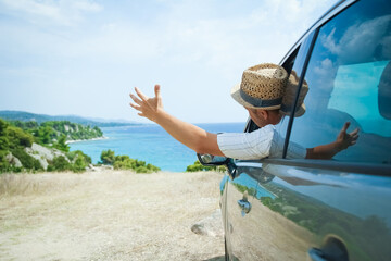 A happy guy in auto sea background