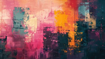 Abstract painting of a cityscape at sunset. Colorful background.