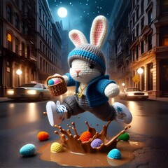 ai generated 3D Crochet Bunny doll Hip Hop style carrying Easter egg basket jumping over muddy puddles on city roads. happy easter