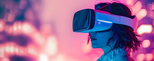 Woman Immersed in Virtual Reality with Glowing Goggles, To convey the sense of immersion and fascination provided by virtual reality technology - obrazy, fototapety, plakaty