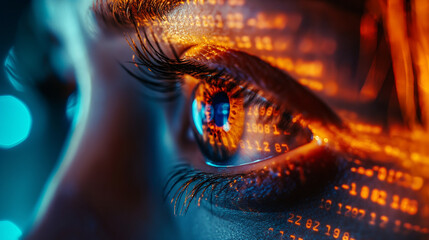 Digital technology background with closeup of woman's eye and cyber code, big data concept, 3D illustration