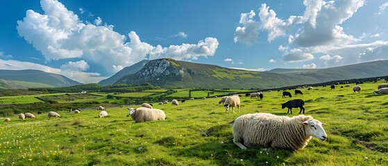 Irish Pastoral: Sheep grazing in the emerald meadows against majestic Connemara mountains, Ireland.