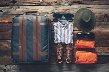 Travelers essentials Baggage, clothes, accessories packed for memorable journeys - obrazy, fototapety, plakaty