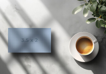 Top View Of a Business Card Mockup With Plant, Coffee Cup and Generative ai - obrazy, fototapety, plakaty