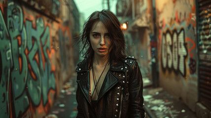 Naklejka premium Young woman in a leather jacket in an alley