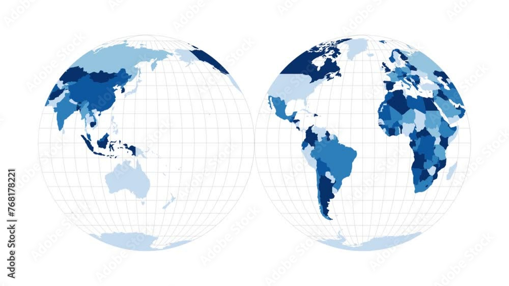 Poster world map. mollweide projection interrupted into two equal-area hemispheres. loopable rotating map o
