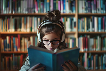 Girl Listening to Music and Reading Book
