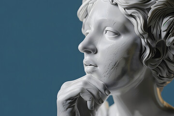 Muse sculpture, nymph head pensive pose. 3d rendering black and white Greek Goddess statue