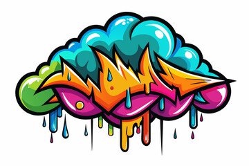 Print ready vector art colorful graffiti illustration of a cloud raining high detail, white backgroun