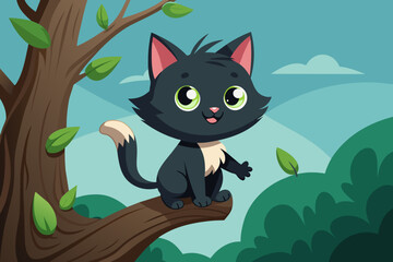 An adorable 2D vector illustration of a black kitten on a tree with a cute expression, inspired by the art style of Joshua M. Smith