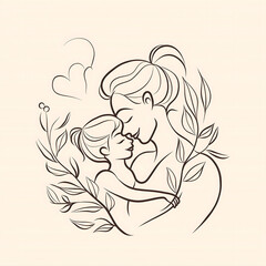 portrait of a mother and child demonstrating their close relationship,happy Mother's Day celebration, illustration in the style of linear drawing,concept of greeting cards, banners,posters,monochrome