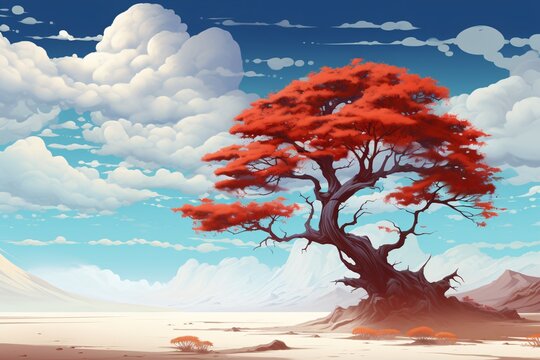 a tree with red leaves in a desert