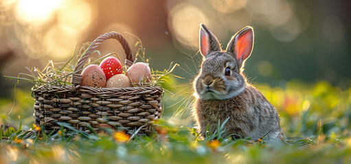 Cute rabbit beside a basket of Easter eggs on a sunny meadow with soft, warm lighting. - obrazy, fototapety, plakaty